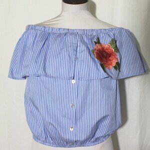 NEW Haute Project Off The Shoulder Blue & White Stripe Crop Top Blouse sz Large